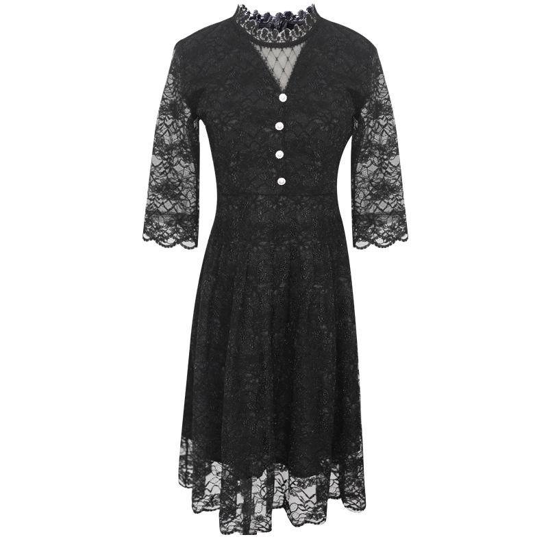 Middle-aged temperament hollow V-neck lace dress
