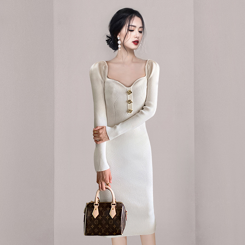 Fashion knitted slim long square collar dress for women