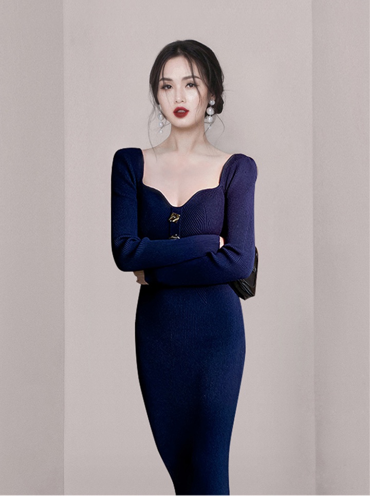 Fashion knitted slim long square collar dress for women
