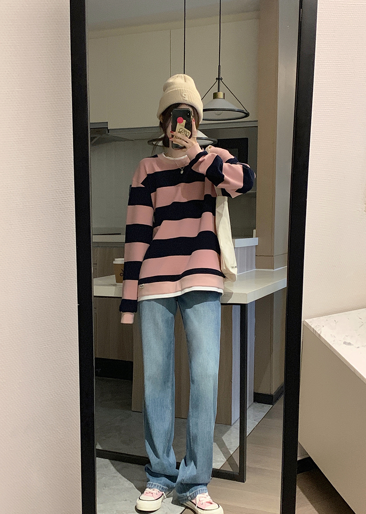 Autumn stripe pure cotton hoodie thin Pseudo-two pink coat