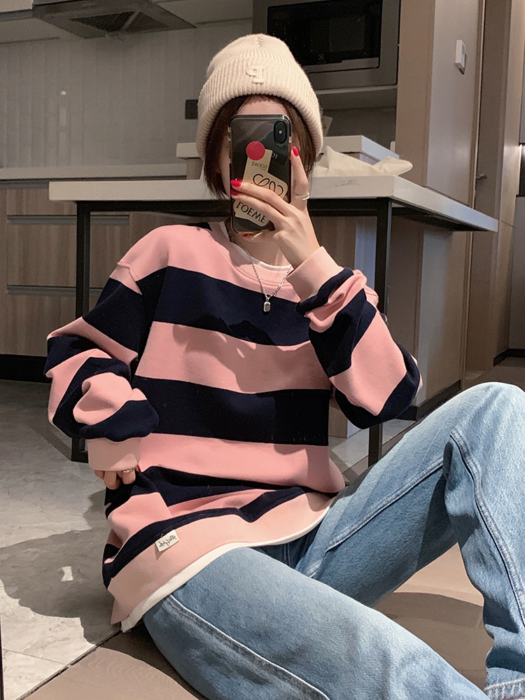 Autumn stripe pure cotton hoodie thin Pseudo-two pink coat