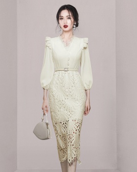 Fashion lace elegant puff sleeve V-neck dress for women