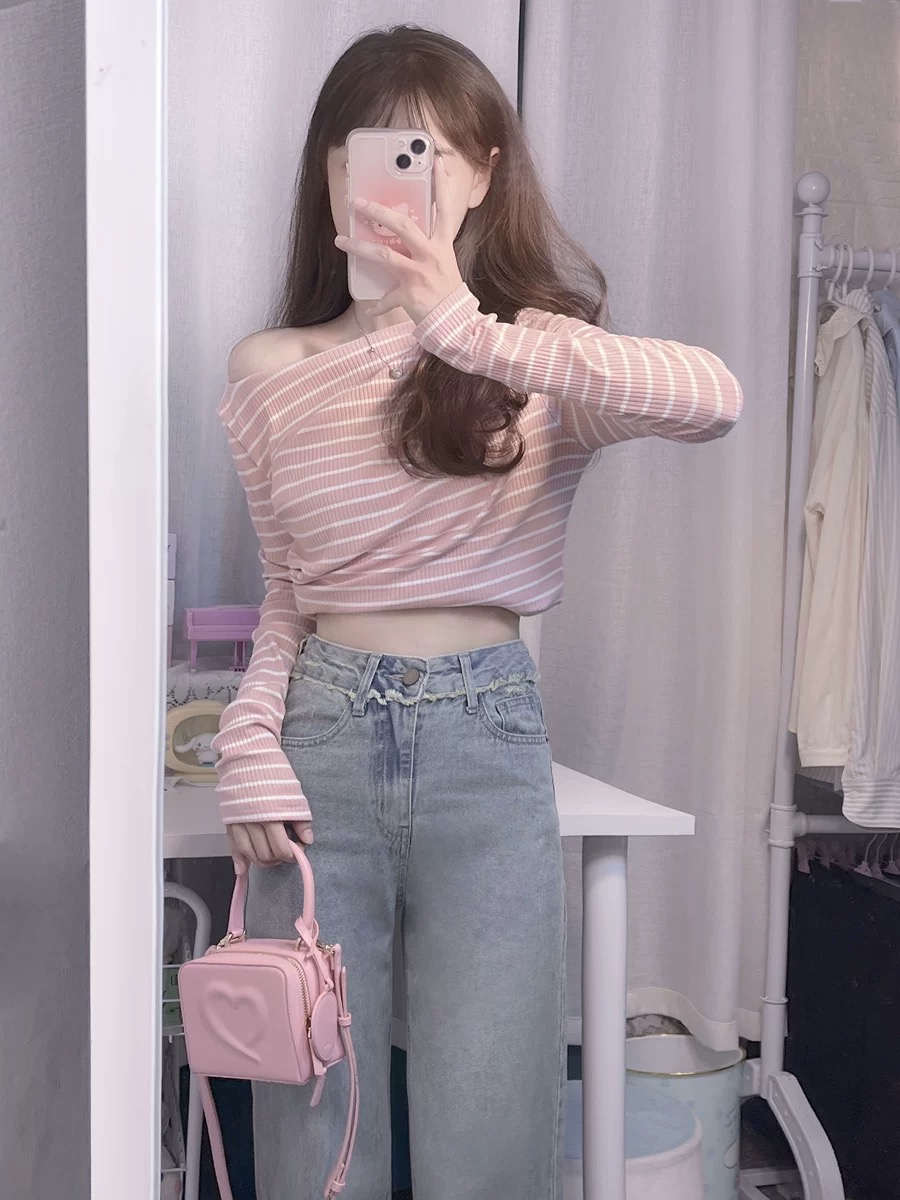 Long sleeve flat shoulder stripe tops pink slim T-shirt