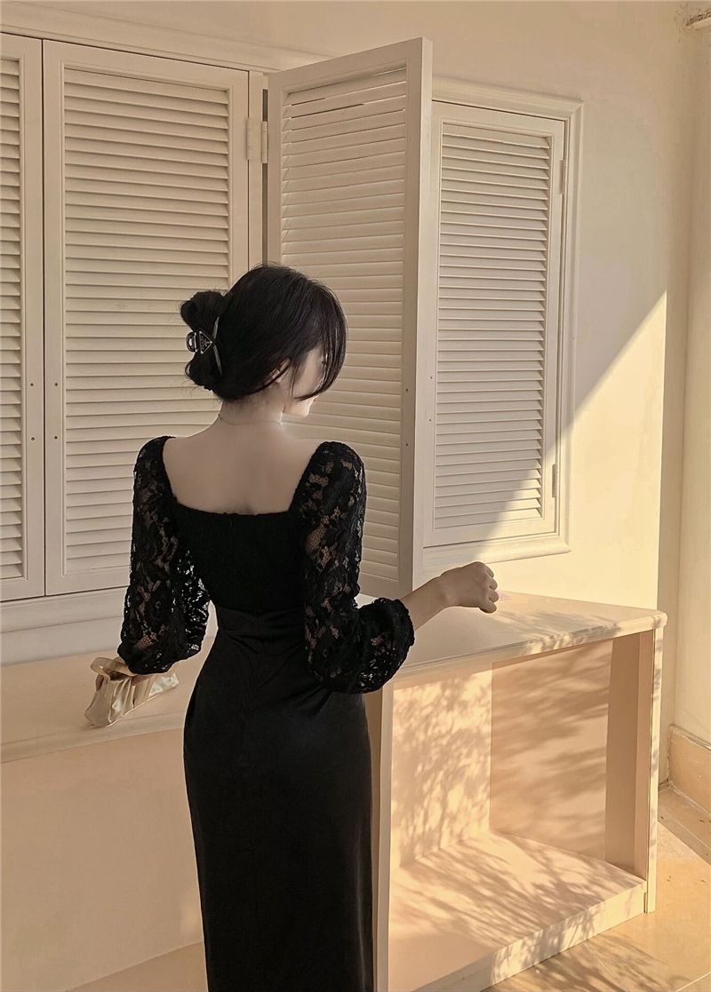 Long sleeve lace dress pinched waist formal dress