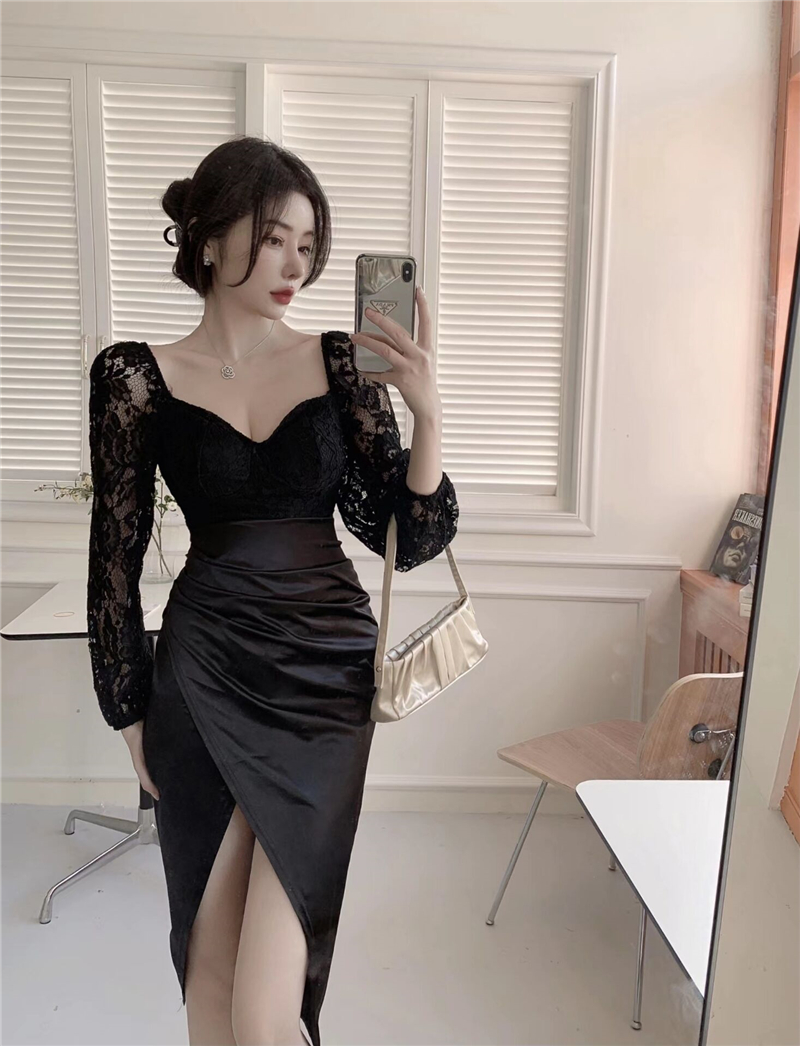 Long sleeve lace dress pinched waist formal dress