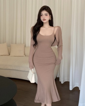 Sexy sling short cardigan package hip long dress a set