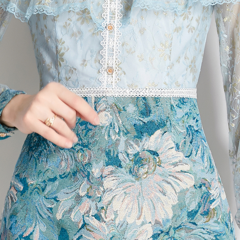Lotus leaf edges lace slim long sleeve jacquard splice dress