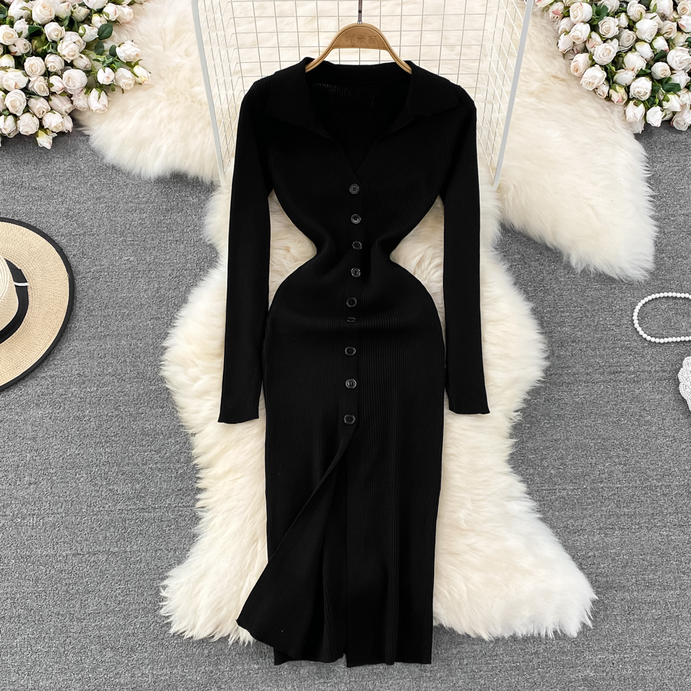 Long sleeve package hip knitted single-breasted slim dress