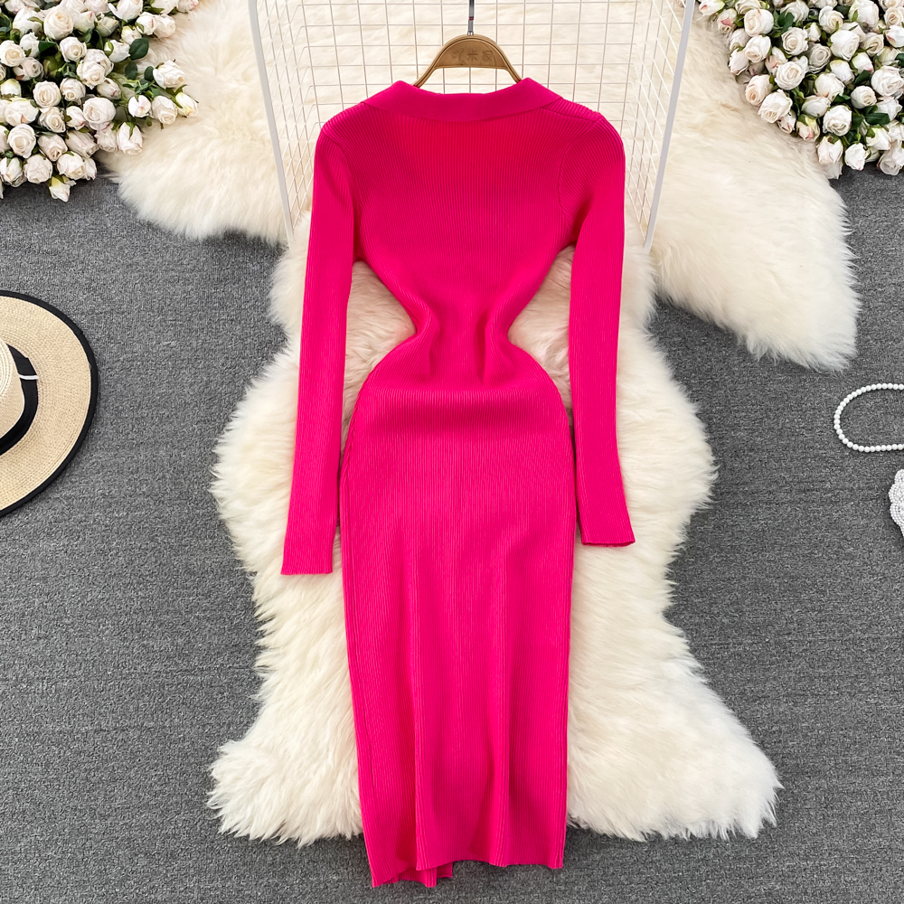 Long sleeve package hip knitted single-breasted slim dress