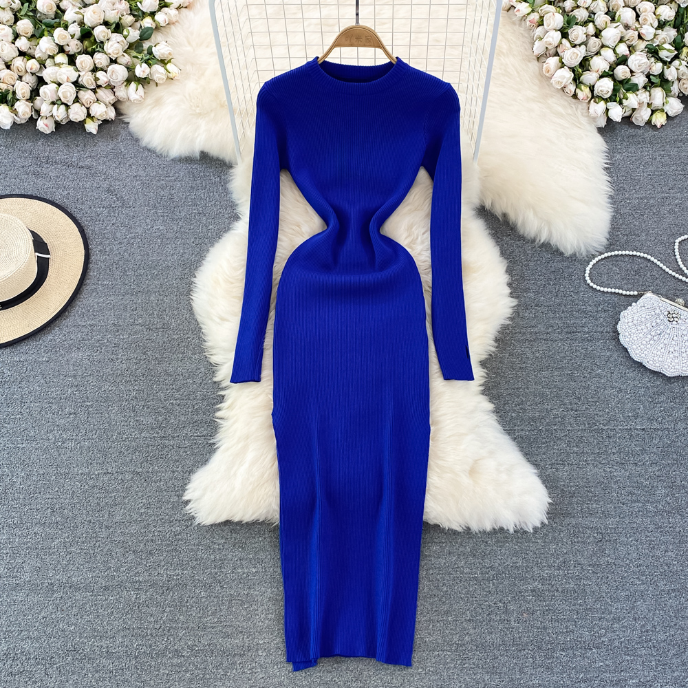 Autumn and winter long sleeve long round neck dress