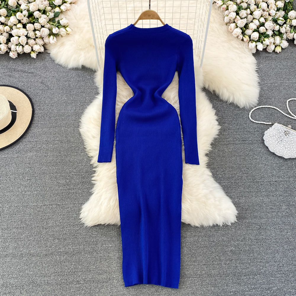 Autumn and winter long sleeve long round neck dress