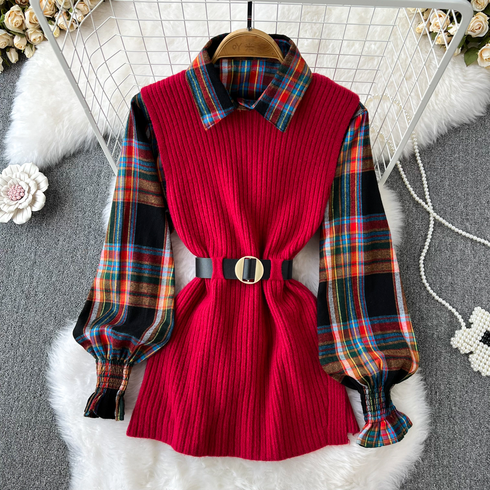 Autumn and winter sleeveless shirt plaid waistcoat 2pcs set