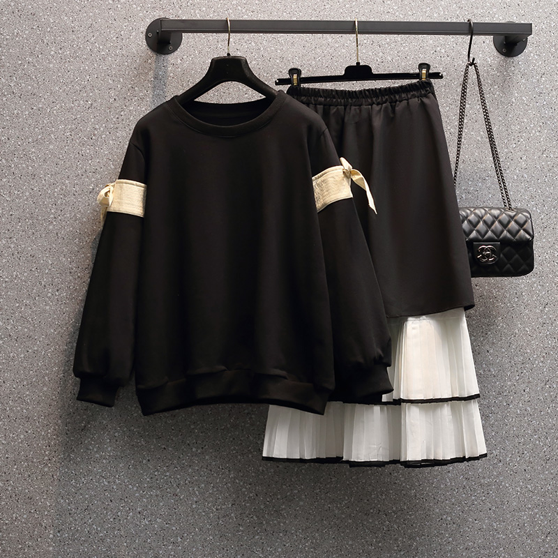 Fat long sleeve hoodie autumn skirt 2pcs set for women