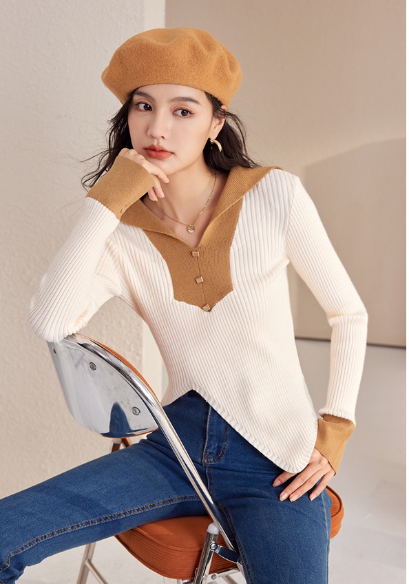 Long sleeve sweater navy collar tops for women