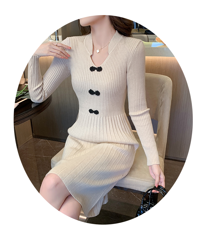 Fashion slim long sleeve Chinese style wool dress