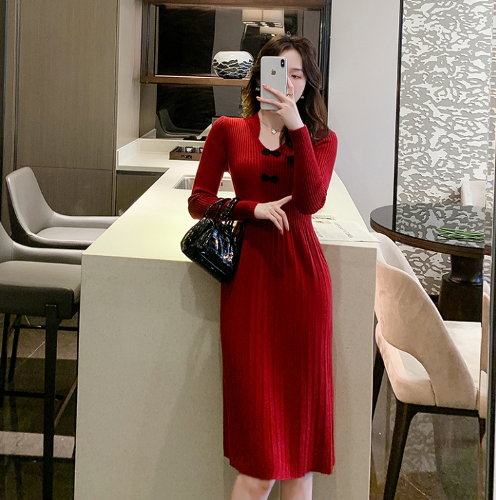 Fashion slim long sleeve Chinese style wool dress