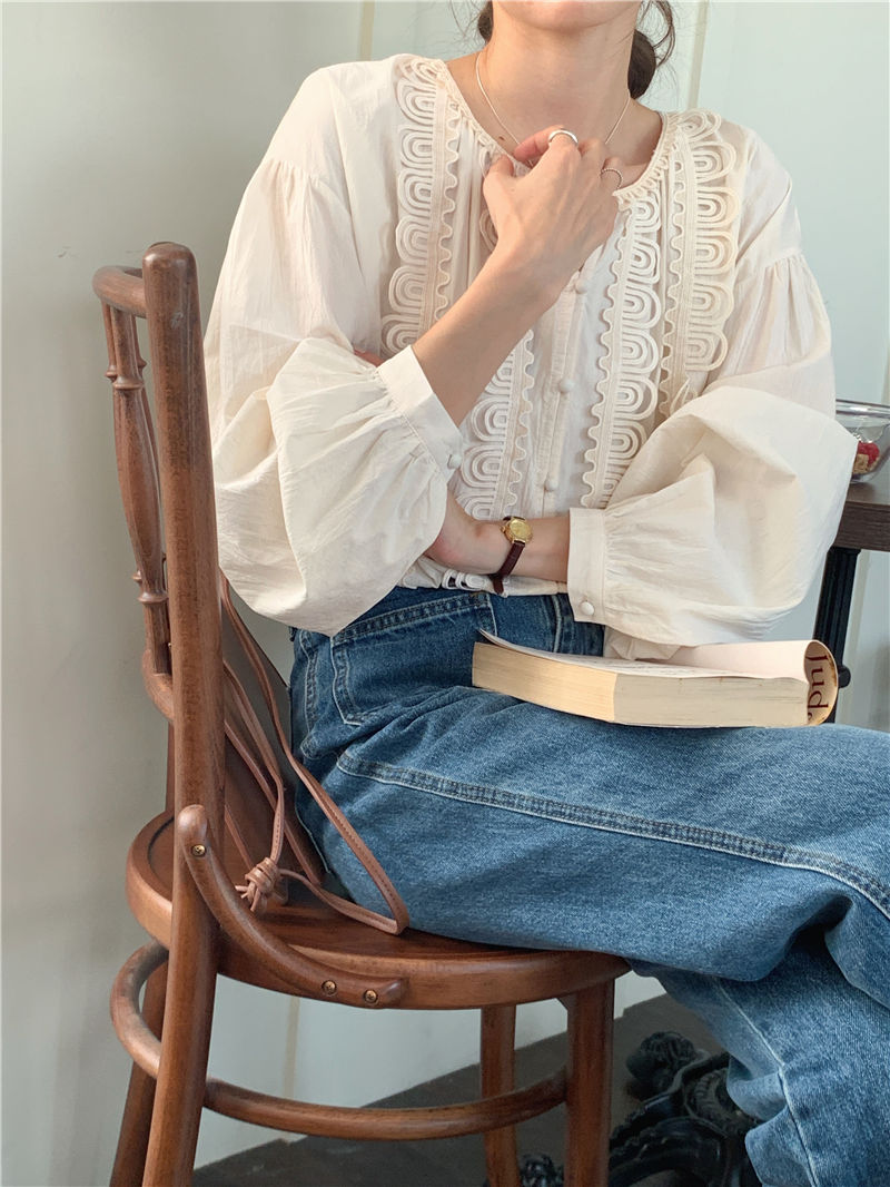 Lace Korean style round neck splice shirt