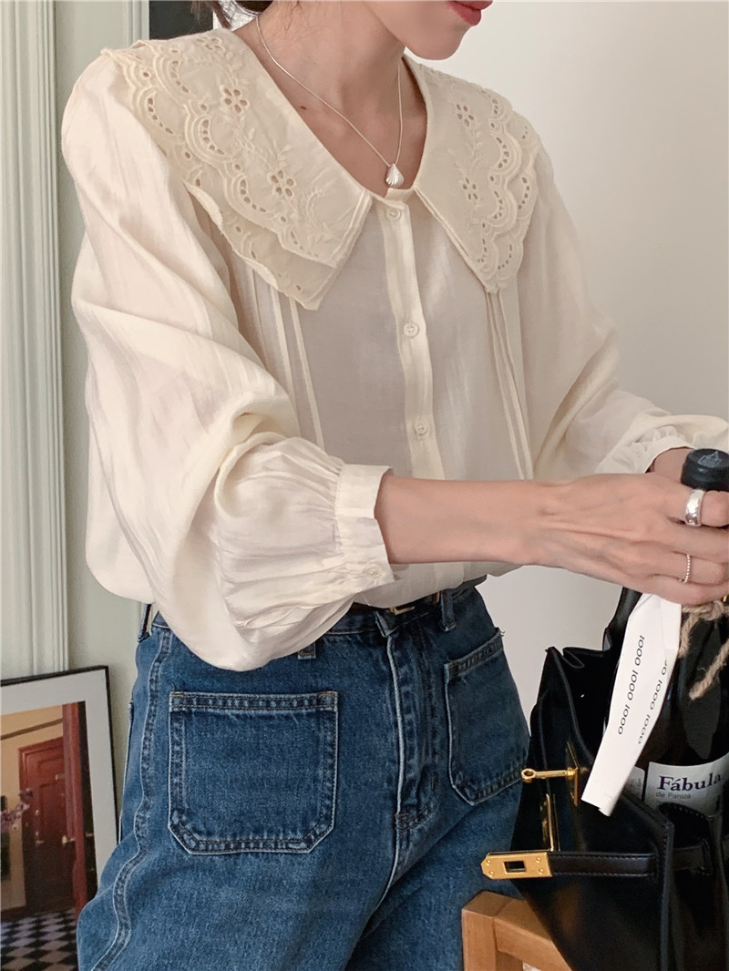 Lace collar Korean style fine double splice shirt