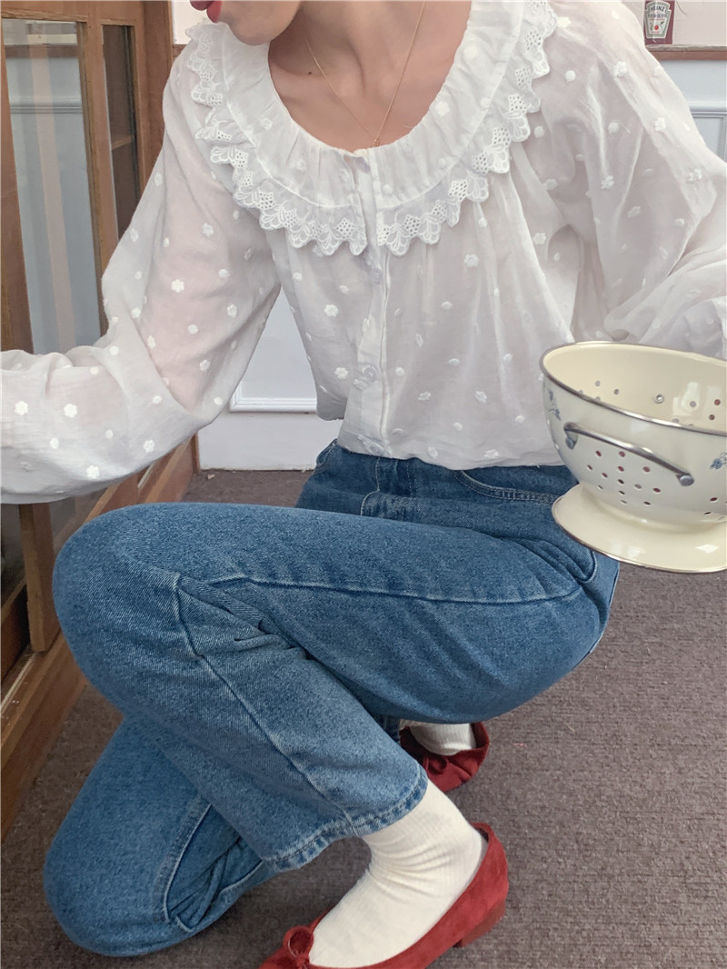Jacquard splice Korean style lace embroidery shirt