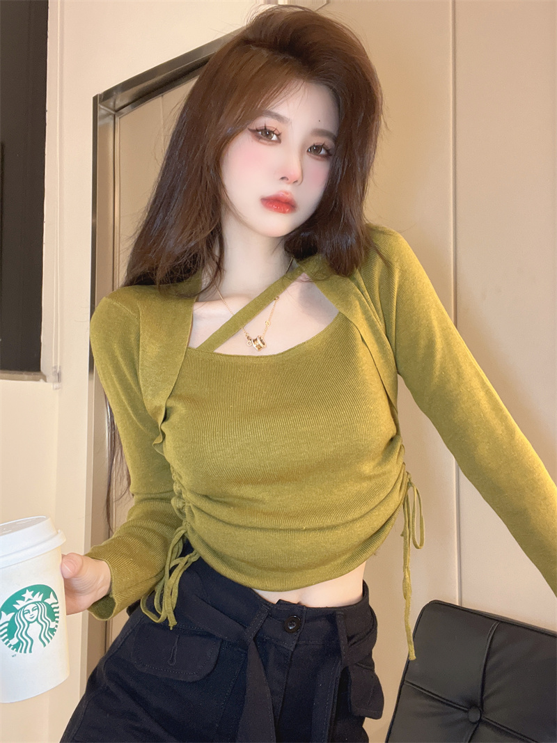 Long sleeve autumn unique tops Korean style drawstring sweater