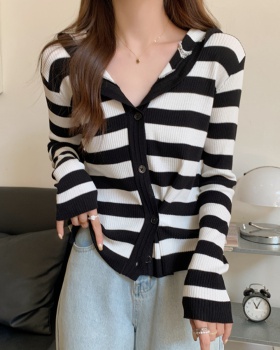 Stripe all-match autumn sweater knitted hooded cardigan