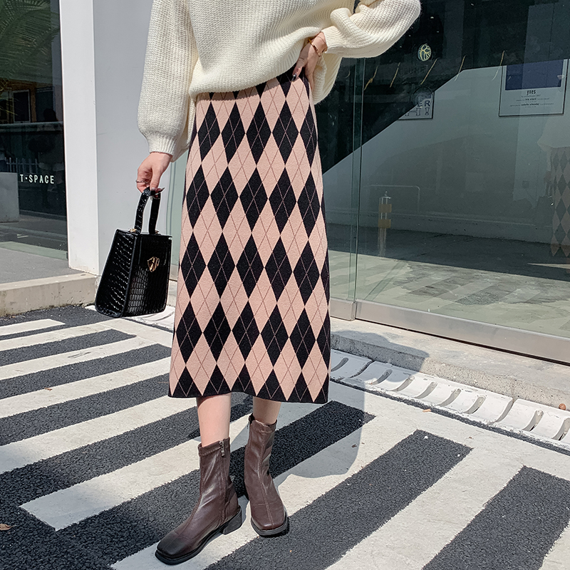 Jacquard slim skirt knitted plaid long skirt for women
