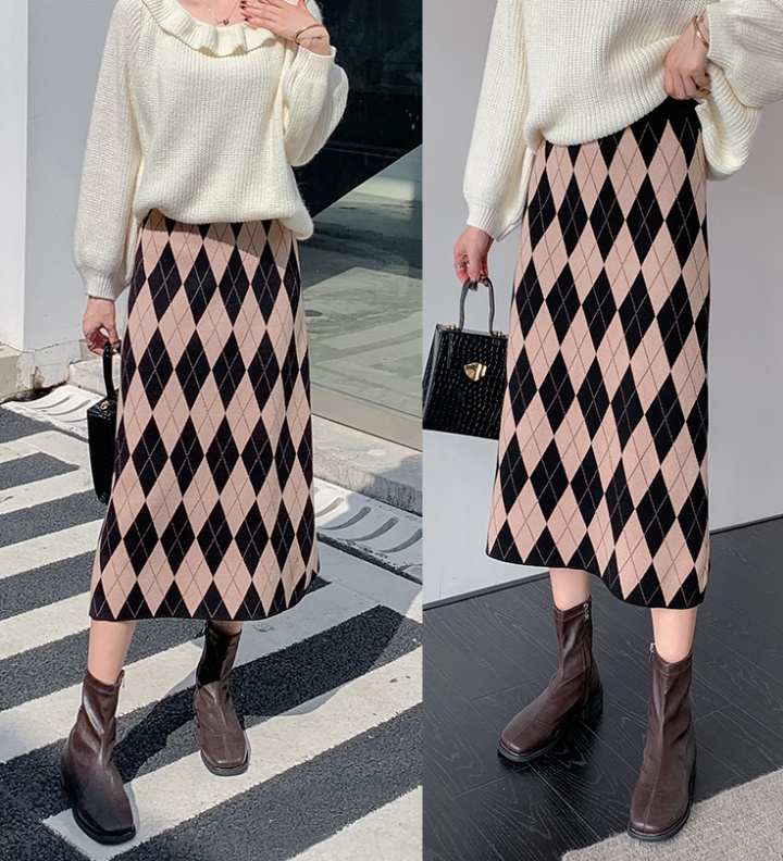 Jacquard slim skirt knitted plaid long skirt for women