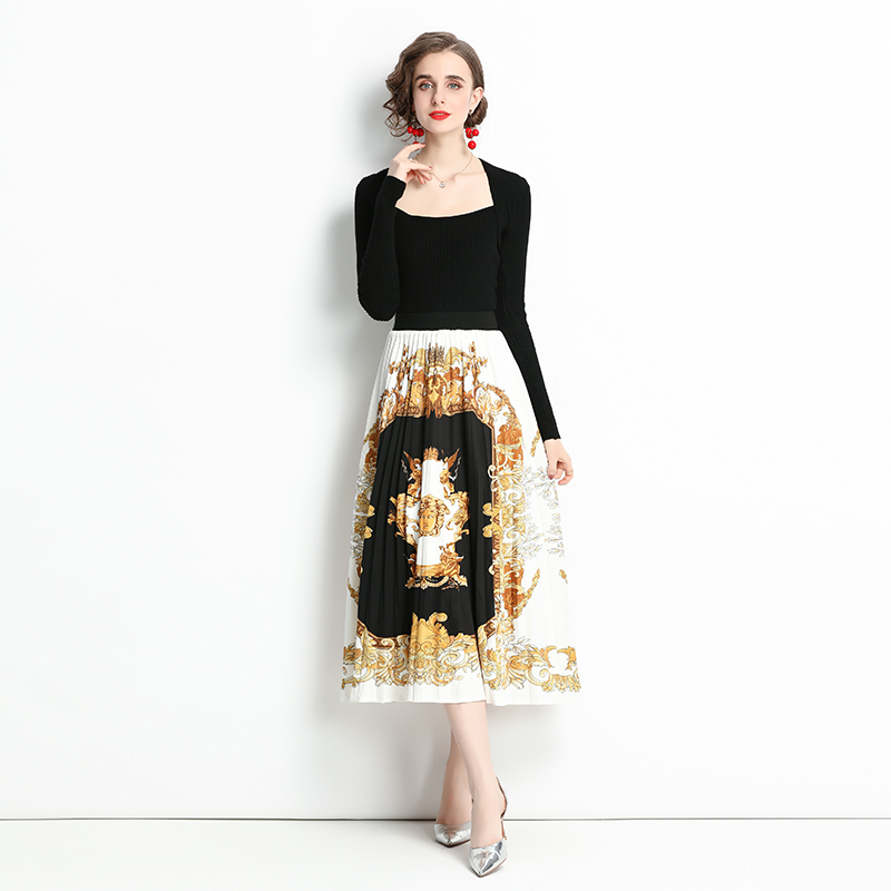 Fashion autumn skirt black sweater 2pcs set for women
