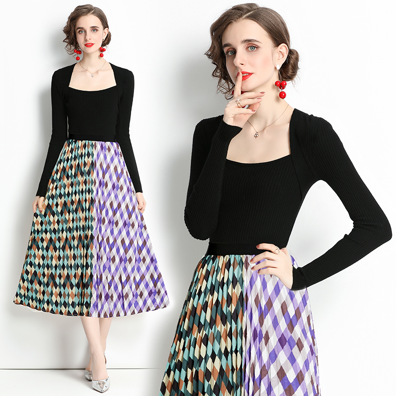 Black printing sweater mixed colors skirt 2pcs set for women