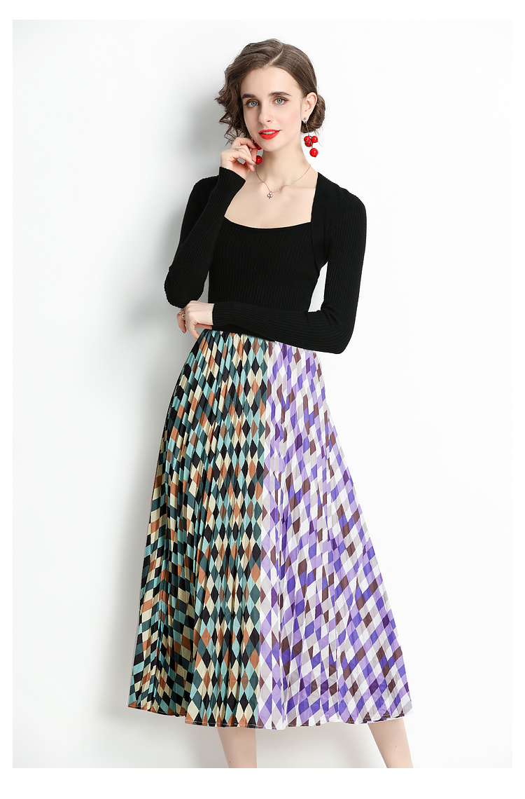 Black printing sweater mixed colors skirt 2pcs set for women