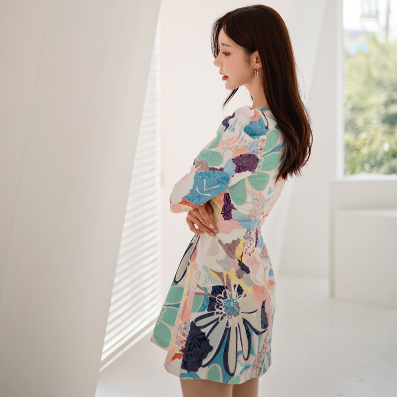 Square collar Korean style short sleeve package hip dress