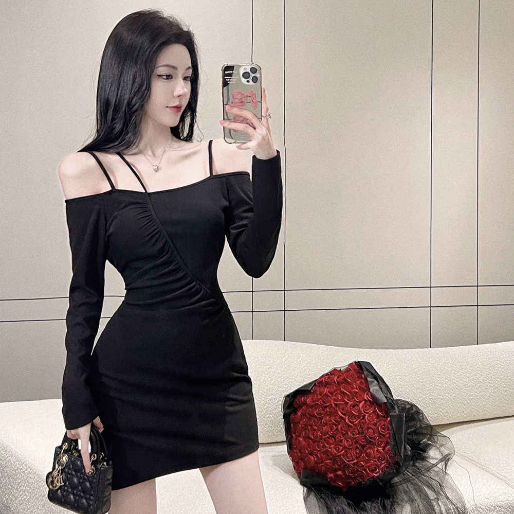 Package hip autumn sling tight black long sleeve strapless dress