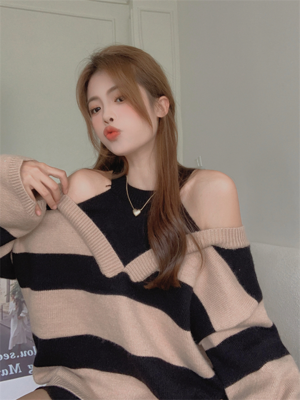 Strapless stripe loose sweater halter long knitted tops