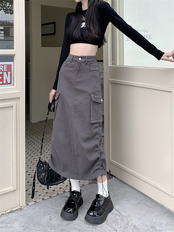 Irregular high waist long drawstring denim skirt