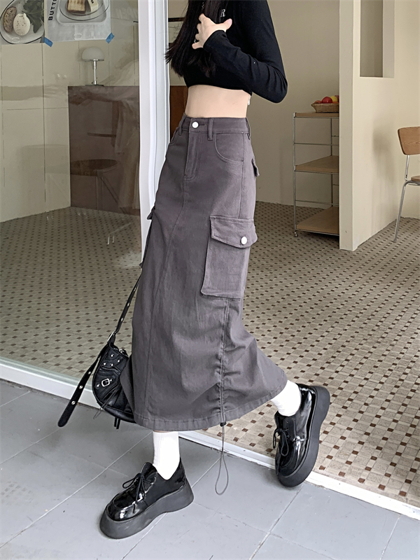 Irregular high waist long drawstring denim skirt