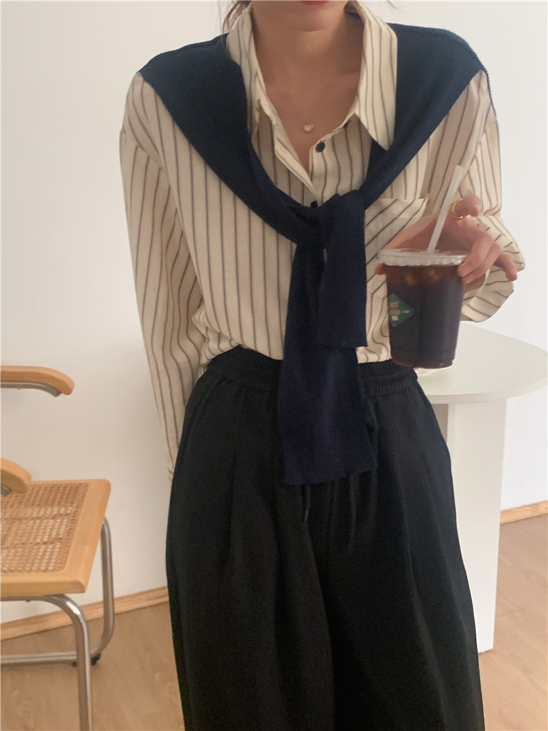 Korean style simple stitching shawl stripe long sleeve shirt