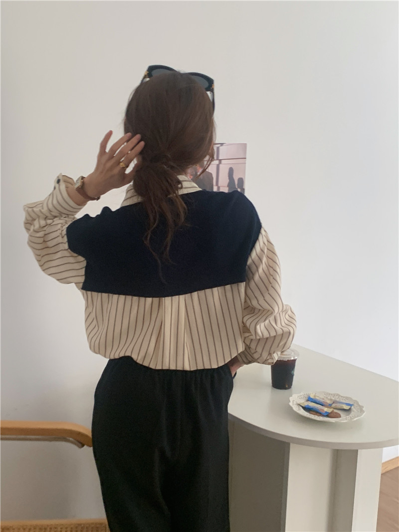 Korean style simple stitching shawl stripe long sleeve shirt