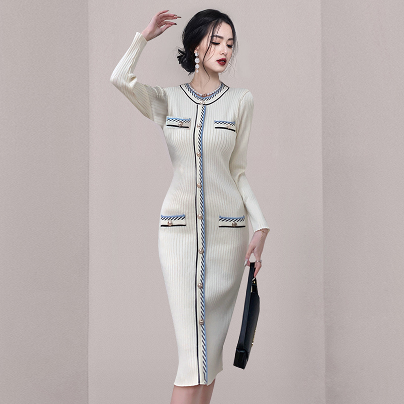 Knitted autumn slim package hip France style temperament dress