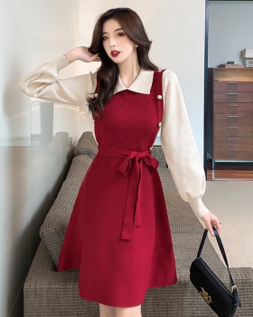 Autumn bottoming red dress knitted slim sweater dress