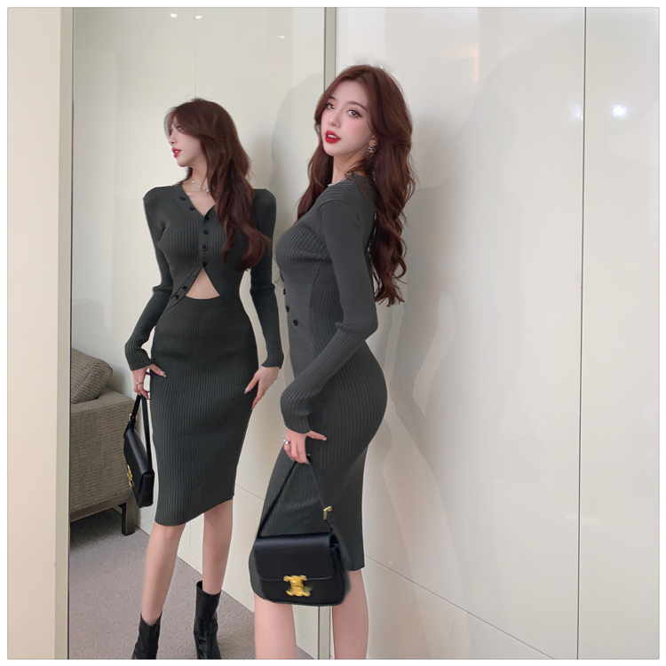 Bottoming package hip V-neck knitted Pseudo-two dress for women