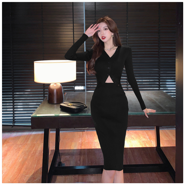 Bottoming package hip V-neck knitted Pseudo-two dress for women