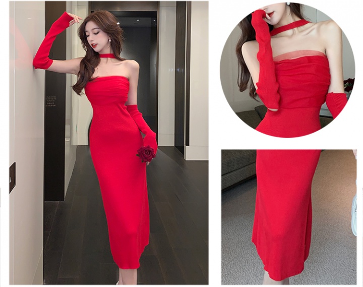 With cuff split long sexy wrapped chest dress for women