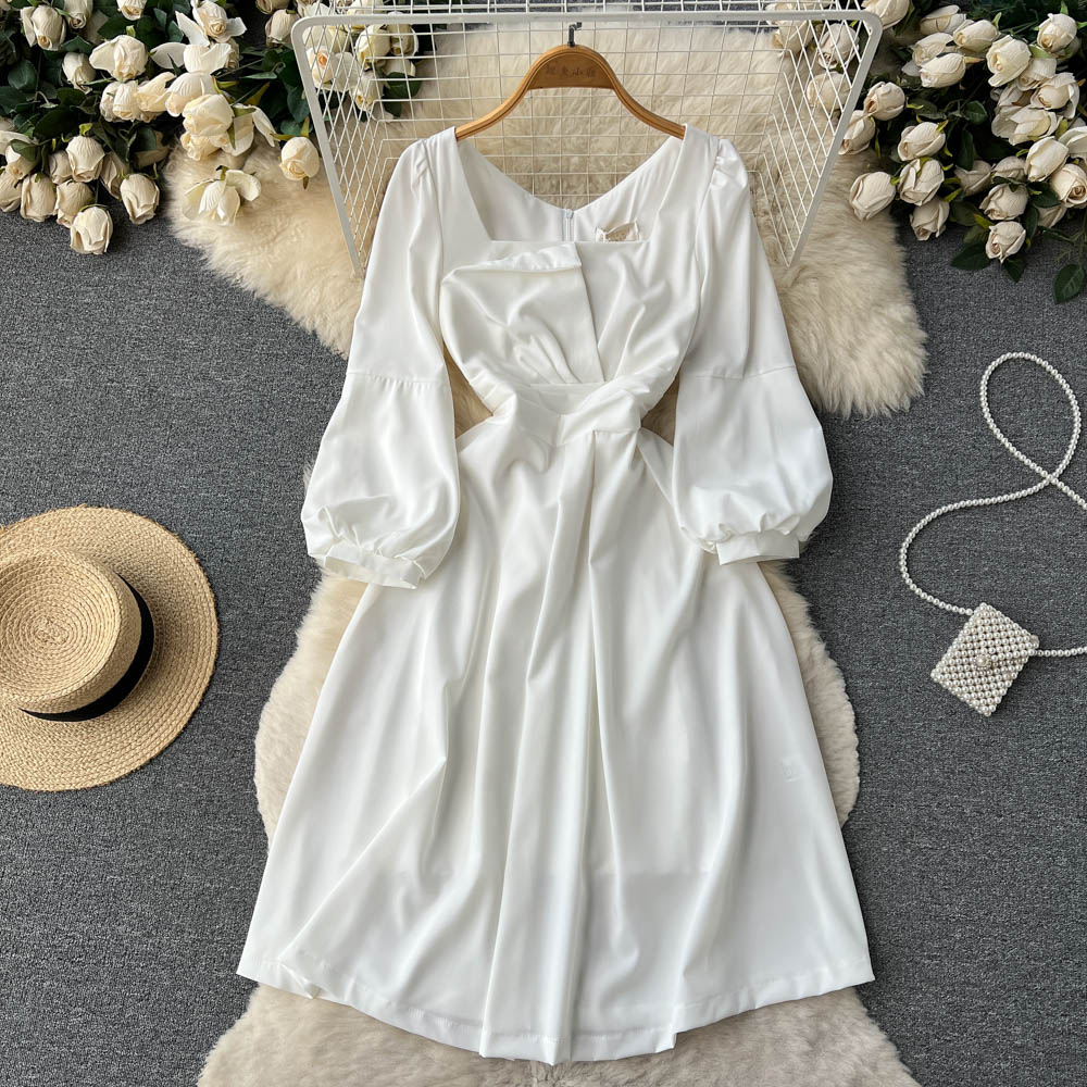Simple pinched waist dress lady autumn lady dress for women