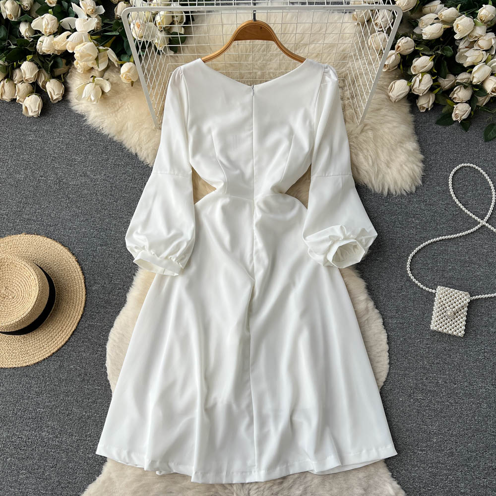 Simple pinched waist dress lady autumn lady dress for women