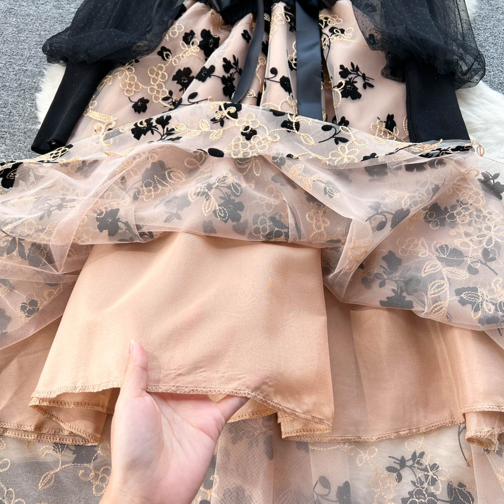 Splice printing France style slim autumn gauze lady dress