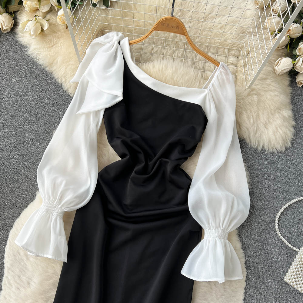 Bottoming long sleeve temperament black-white dress for women