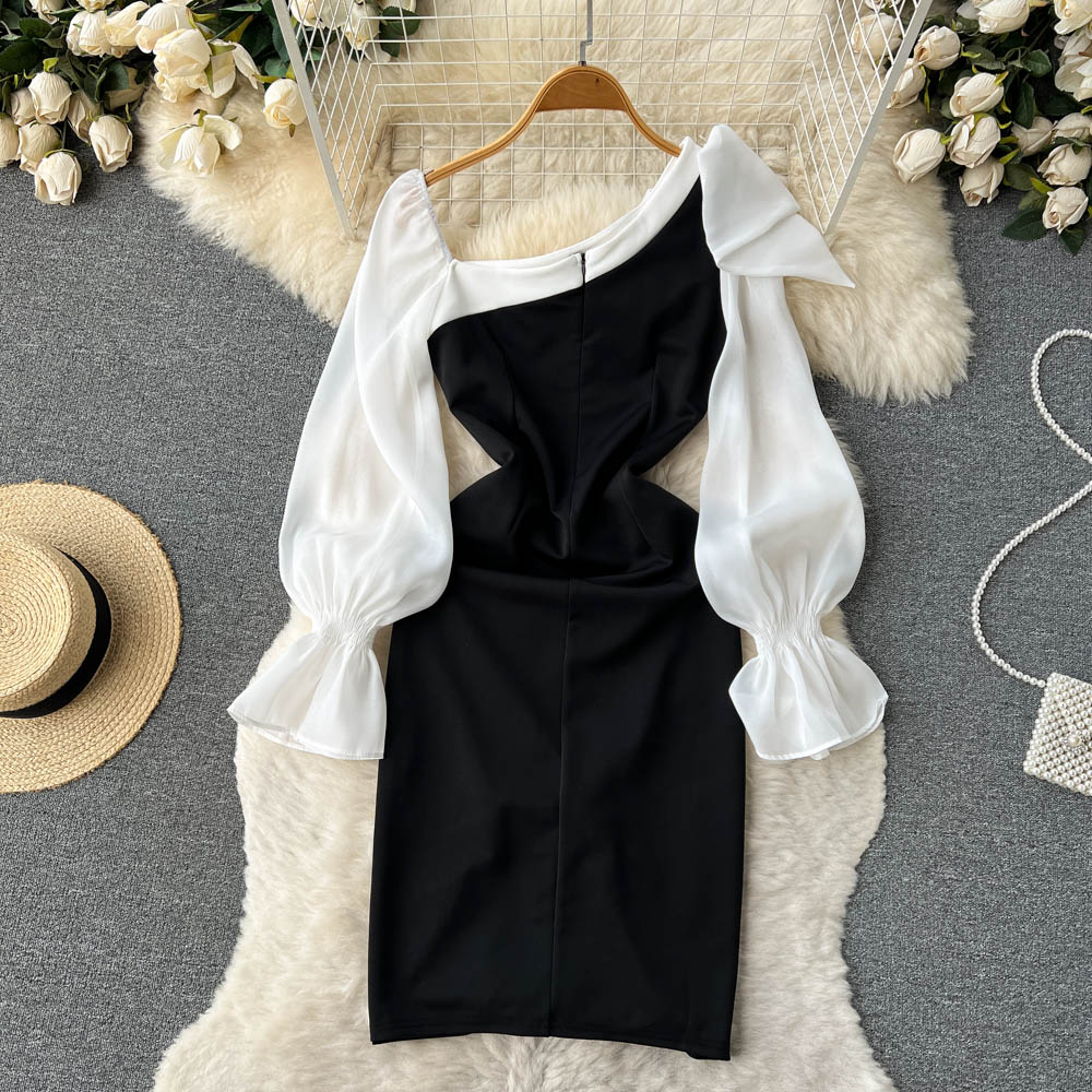 Bottoming long sleeve temperament black-white dress for women