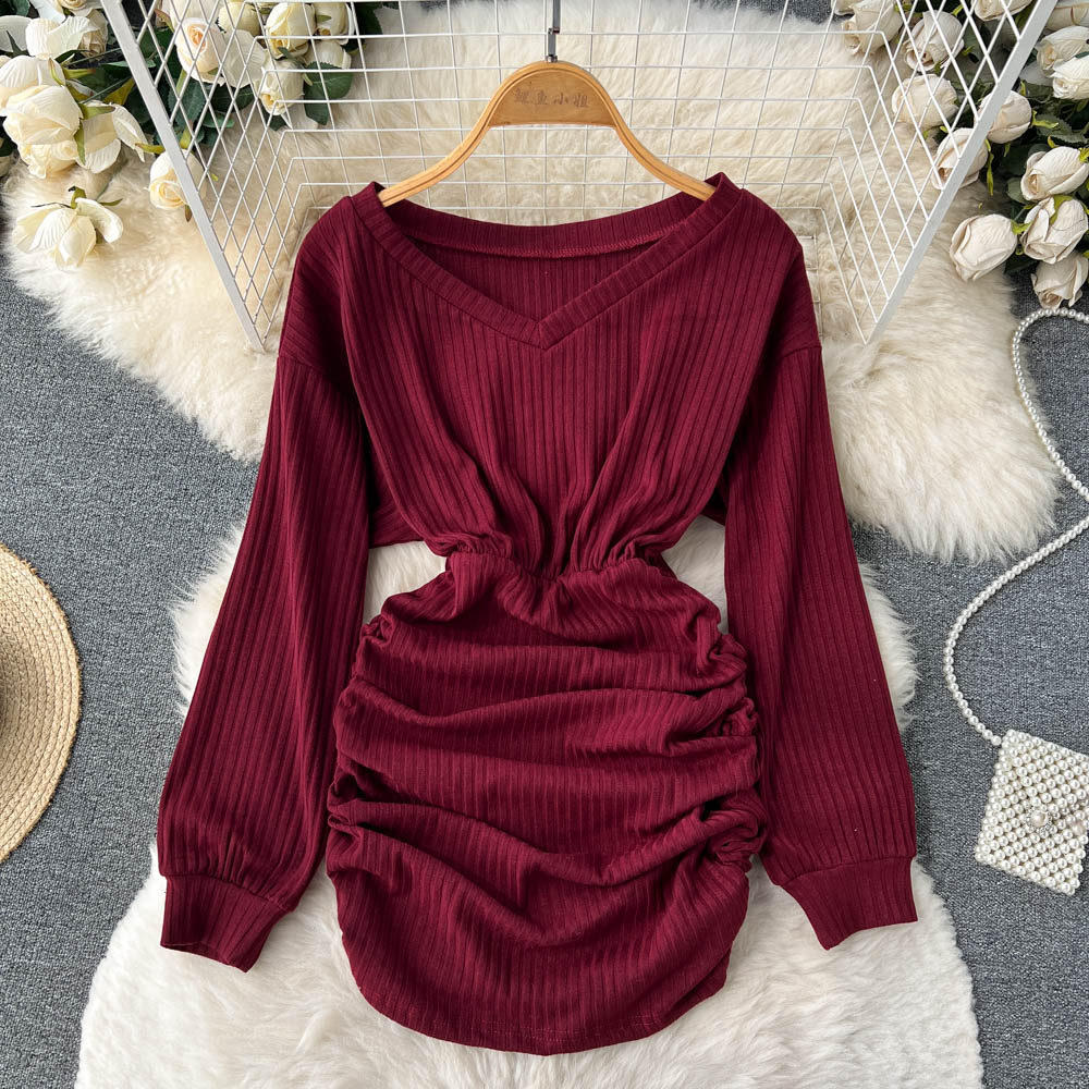 Knitted slim long sleeve sexy all-match dress for women