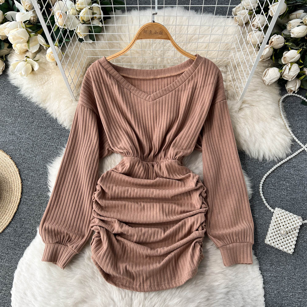 Knitted slim long sleeve sexy all-match dress for women