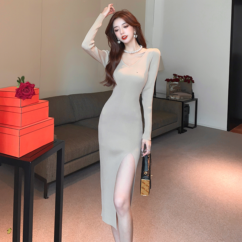 V-neck bottoming dress long sleeve long dress for women